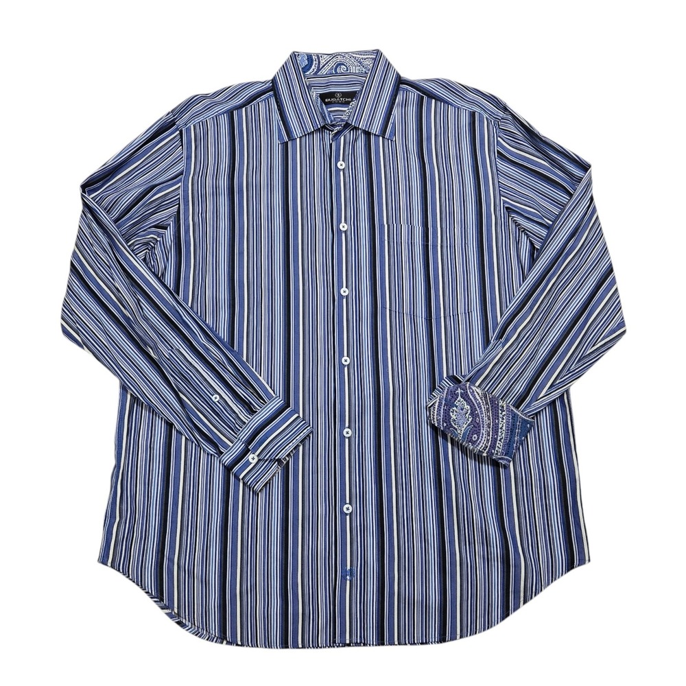 Bugatchi Uomo Shirt Men's XL Blue Striped Paisley Flip Cuff Long Sleeve Cotton
